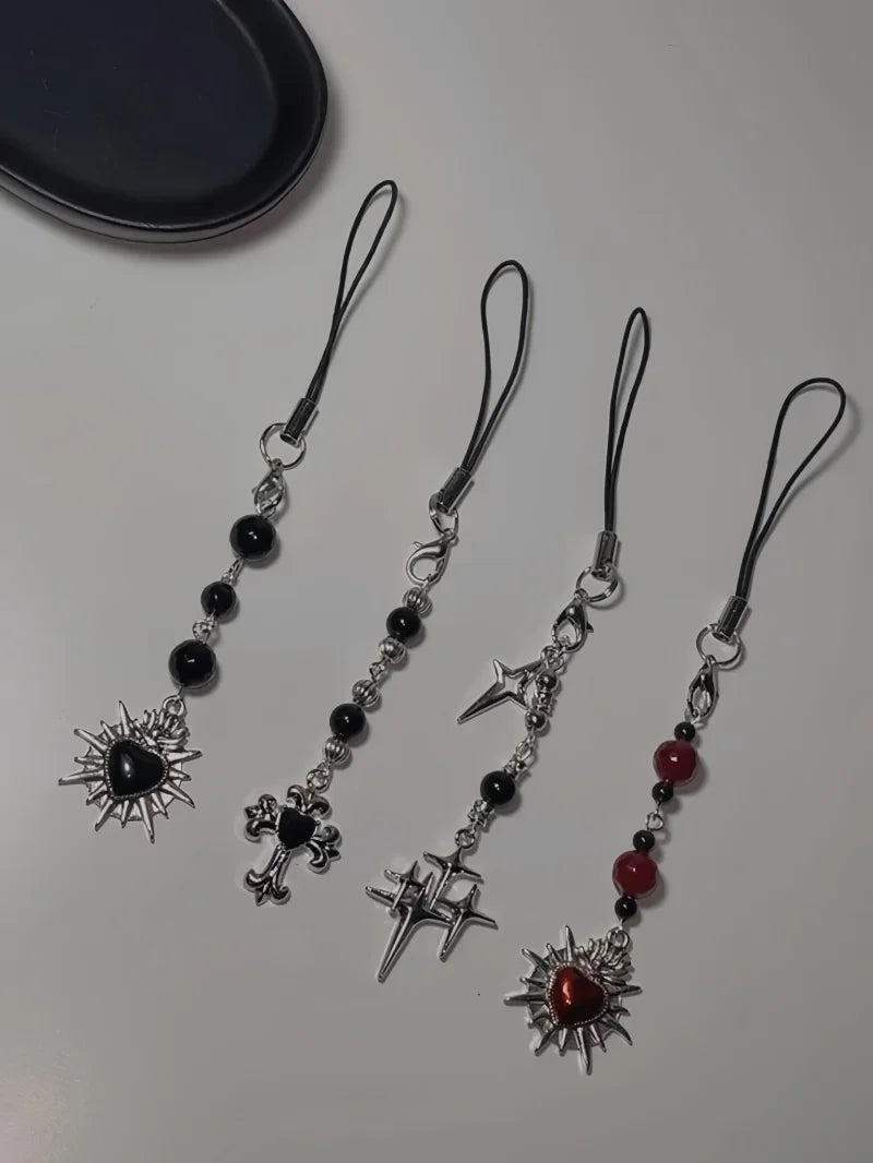 Beaded Keychain Y2K Phone Lanyard Goth Punk Style Flame Sacred Heart Backpack Pendant Gift for Classmates and Girlfriends