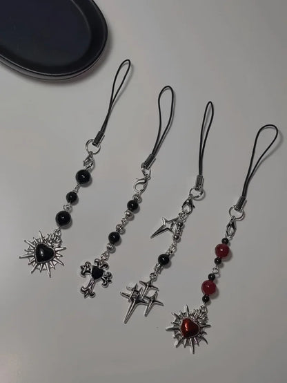 Beaded Keychain Y2K Phone Lanyard Goth Punk Style Flame Sacred Heart Backpack Pendant Gift for Classmates and Girlfriends