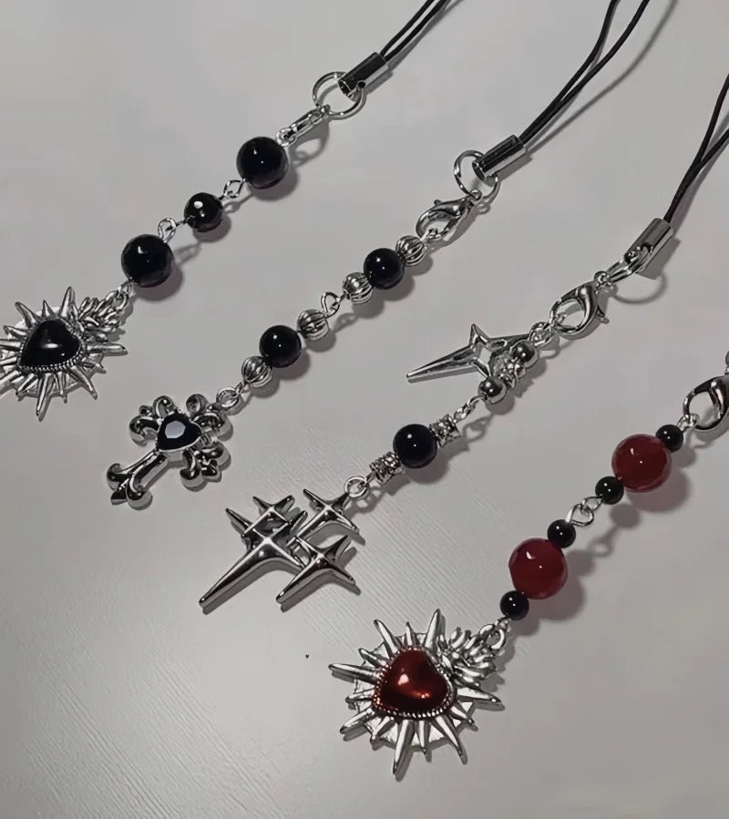 Beaded Keychain Y2K Phone Lanyard Goth Punk Style Flame Sacred Heart Backpack Pendant Gift for Classmates and Girlfriends