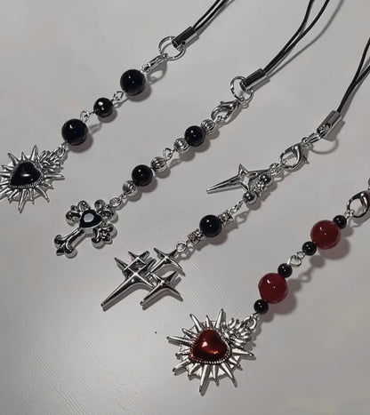 Beaded Keychain Y2K Phone Lanyard Goth Punk Style Flame Sacred Heart Backpack Pendant Gift for Classmates and Girlfriends