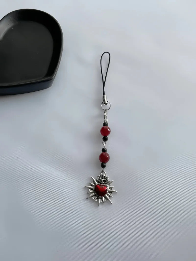 Beaded Keychain Y2K Phone Lanyard Goth Punk Style Flame Sacred Heart Backpack Pendant Gift for Classmates and Girlfriends