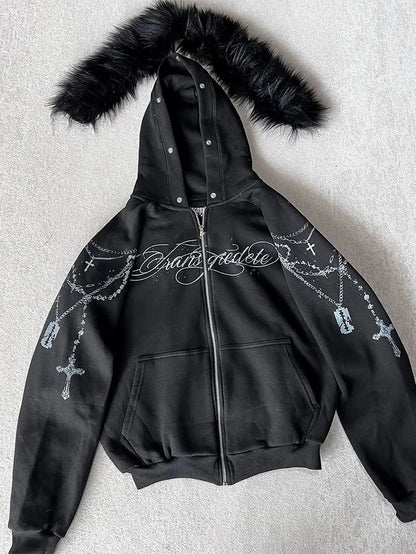 Winter Fashion Streetwear Women'S Gothic Punk Faux Fur Hooded Jacket with Cross Print Trendy Edgy Zip - up Sweatshirt 2026 New
