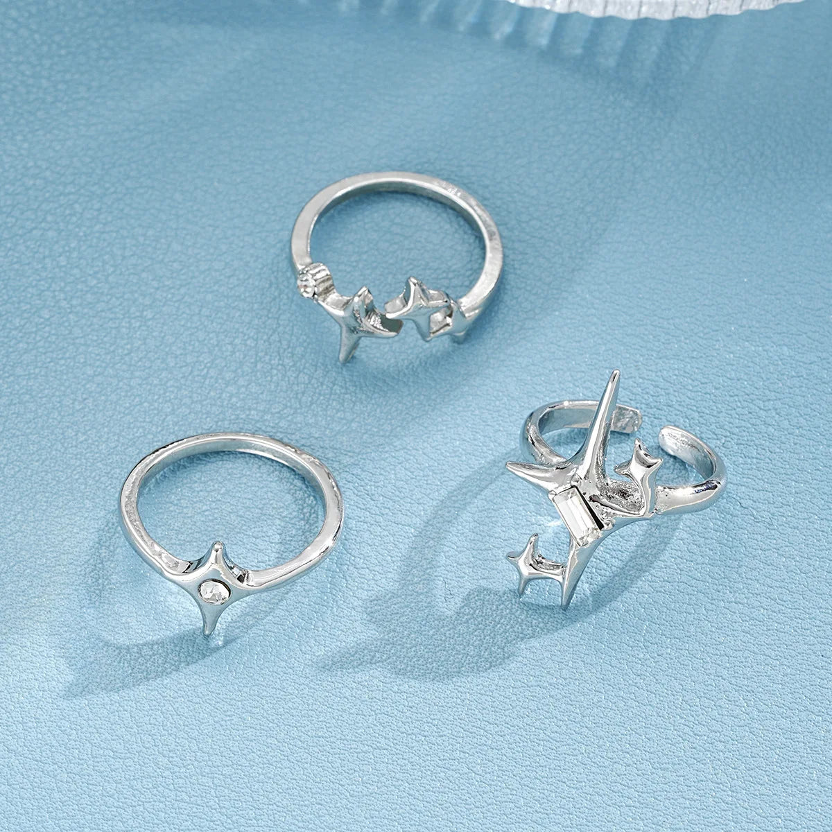 Y2K Metal Starburst & Cross Adjustable Ring Set