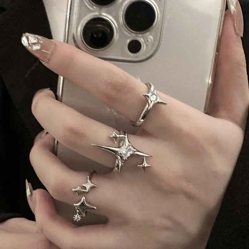 Y2K Metal Starburst & Cross Adjustable Ring Set