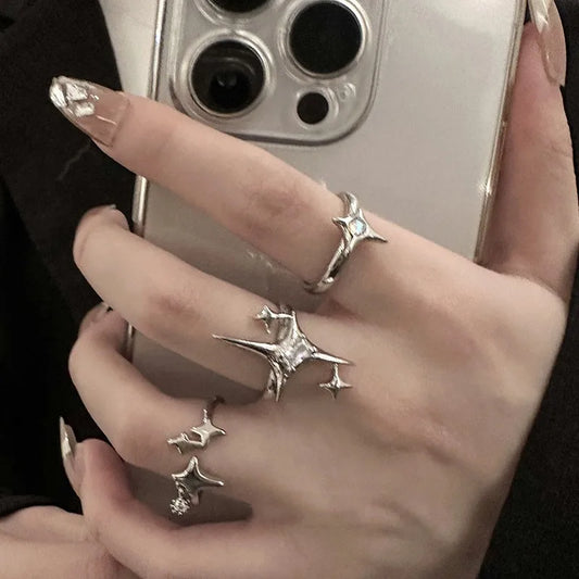 Y2K Metal Starburst & Cross Adjustable Ring Set