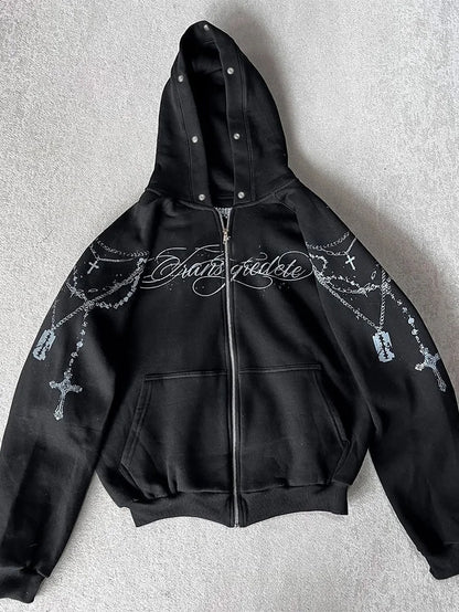 Winter Fashion Streetwear Women'S Gothic Punk Faux Fur Hooded Jacket with Cross Print Trendy Edgy Zip - up Sweatshirt 2026 New
