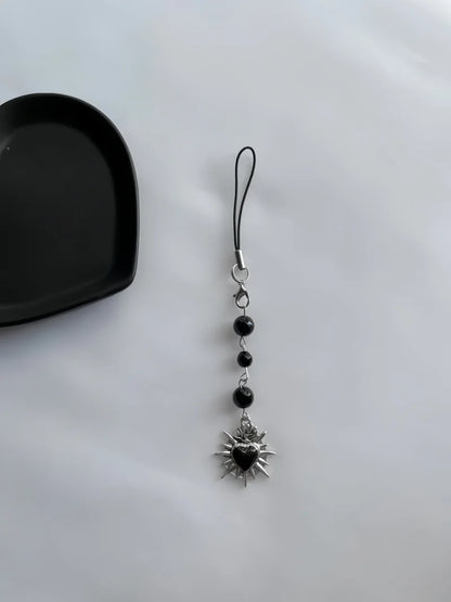 Beaded Keychain Y2K Phone Lanyard Goth Punk Style Flame Sacred Heart Backpack Pendant Gift for Classmates and Girlfriends